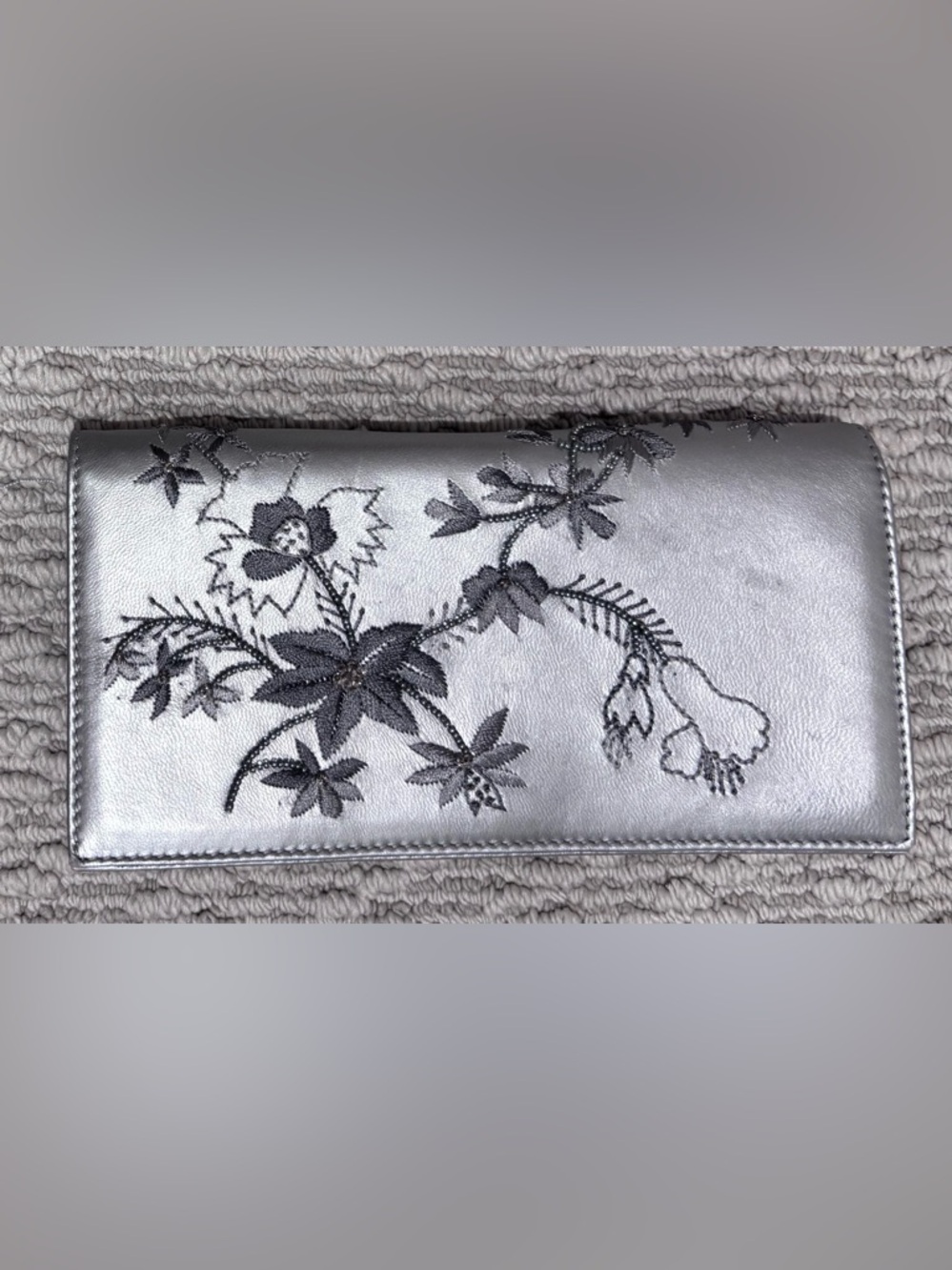 Richard Tyler Silver Floral Embroidered Leather  Clutch